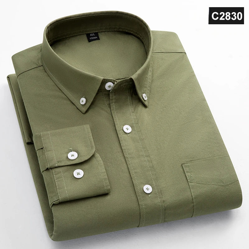 Classic Fit Fashion 100% Cotton Long-Sleeve Shirt for Men Single Pocket Slim Fit Casual Top Soft Oxford Solid Color Office Cloth