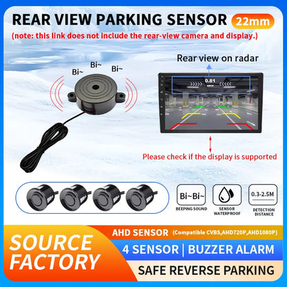 Rear View Parking Sensor System 4 Waterproof Sensors 22mm AHD/CVBS Compatible Display Car Safety Radar For Vehicle Truck Van RV