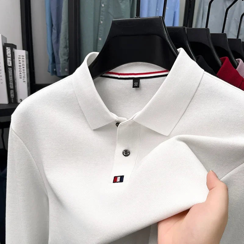 Collar T-shirt for men, long sleeved, autumn, middle-aged, business, pure cotton, casual polo shirt, top for men