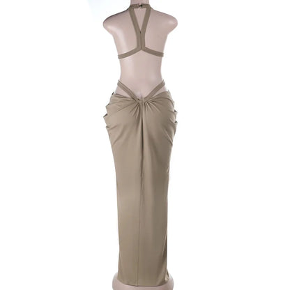 Halter Cut-Out Draped Super-Cut Back Bare Elegant Party Maxi Dress Waistless Backless Sleeveless Khaki Evening Prom Long Dress