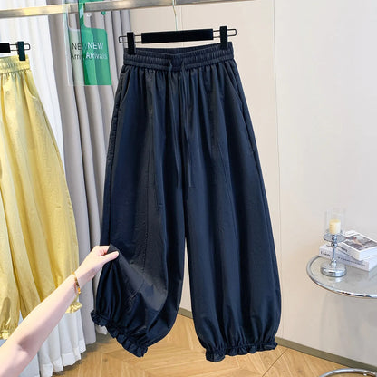 Casual Ice Silk Quick Dry Nine-Piece Flower Bud Pants Women Summer Thin Loose High Waist Draping Lantern Pants