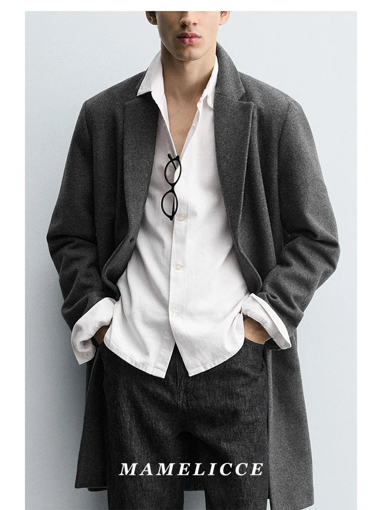MAMELICCE Original design Mid-length woolen coat Wool-blend coat Classic business casual Autumn and winter trench coats Men coat
