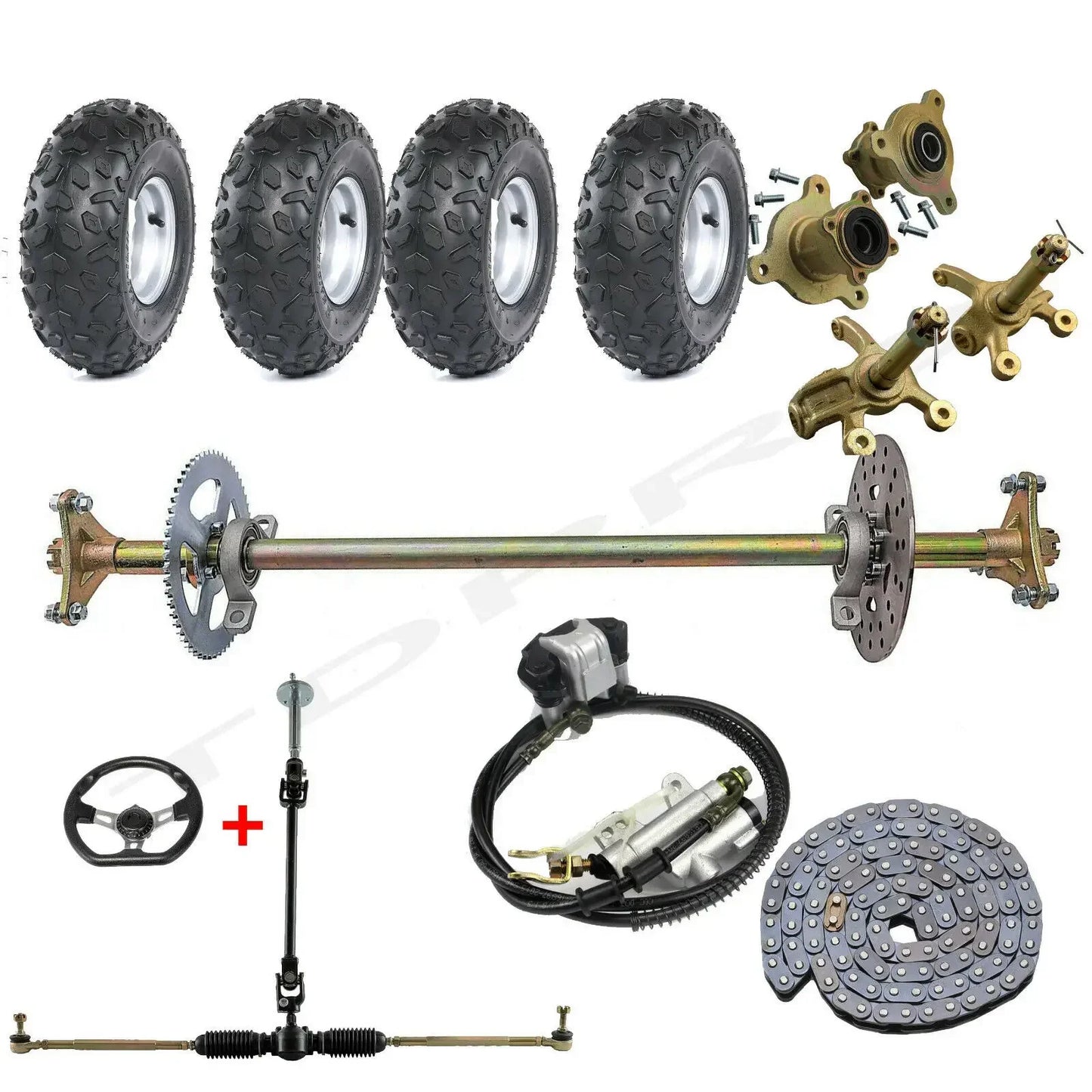 29" Go Kart DIY Drift Trike Rear Axle Kit+4x145/70- 6" Inch Wheel Tyre Rim+ Front Steering Assembly Tie Rod for Quad Buggy