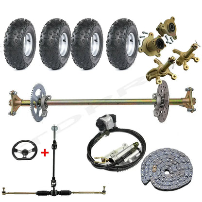 29" Go Kart DIY Drift Trike Rear Axle Kit+4x145/70- 6" Inch Wheel Tyre Rim+ Front Steering Assembly Tie Rod for Quad Buggy