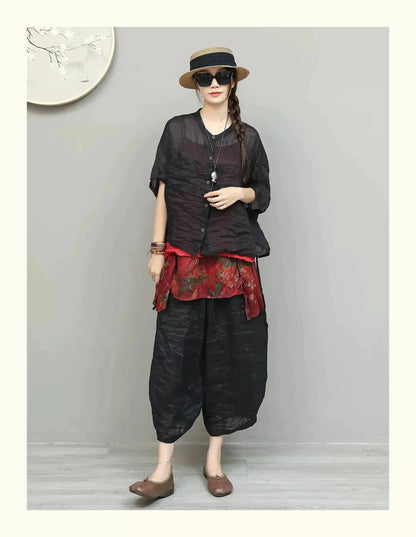Lightweight Ramie Pant Women Summer Loose Wide-leg Cropped Pants Black LX5765
