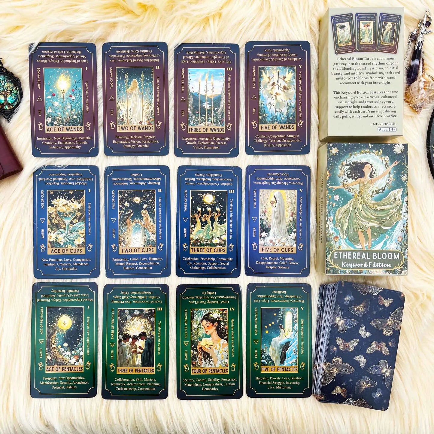 78 Tarot Cards, 13x8 Cm, Ethereal Bloom Tarot Keyword Edition, Connect with Inner Light, Ideal for Beginners, Card Game Set