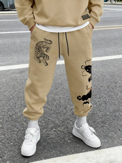 Men's Streetwear Traditional Chinese White Tiger Koi Fish Print Sweatpants Elastic Waist Soft Asian Hip Hop Daily Joggers