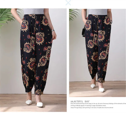 High Waist Lantern Pants Casual Cotton Silk Large Size Printed Long Trousers for Middle-Aged And Elderly Women