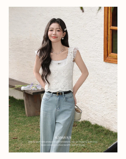 ALXNAN White Tank Tops 2026 Summer Elegant Cotton Women's Camisole Lace Fake Two-piece Design Chic Sleeveless Tops Ladies L53815
