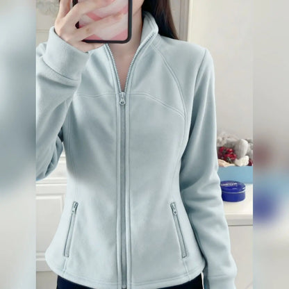 Women's Slim Fit Fleece Lined Short Cardigan Sweater Stand Collar Thickened Waist Shaping Autumn Winter Fashion Outerwear