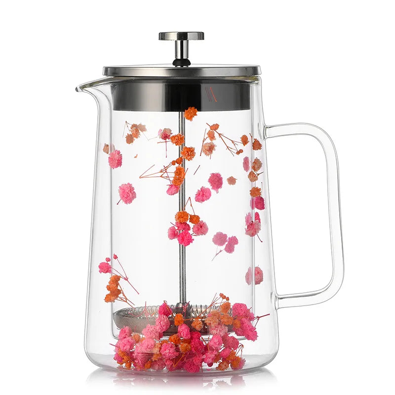 Dried Flower Double Glass French Press Heat-resistant Coffee Pot Insulation Coffee Utensil Household Filter Tea Maker