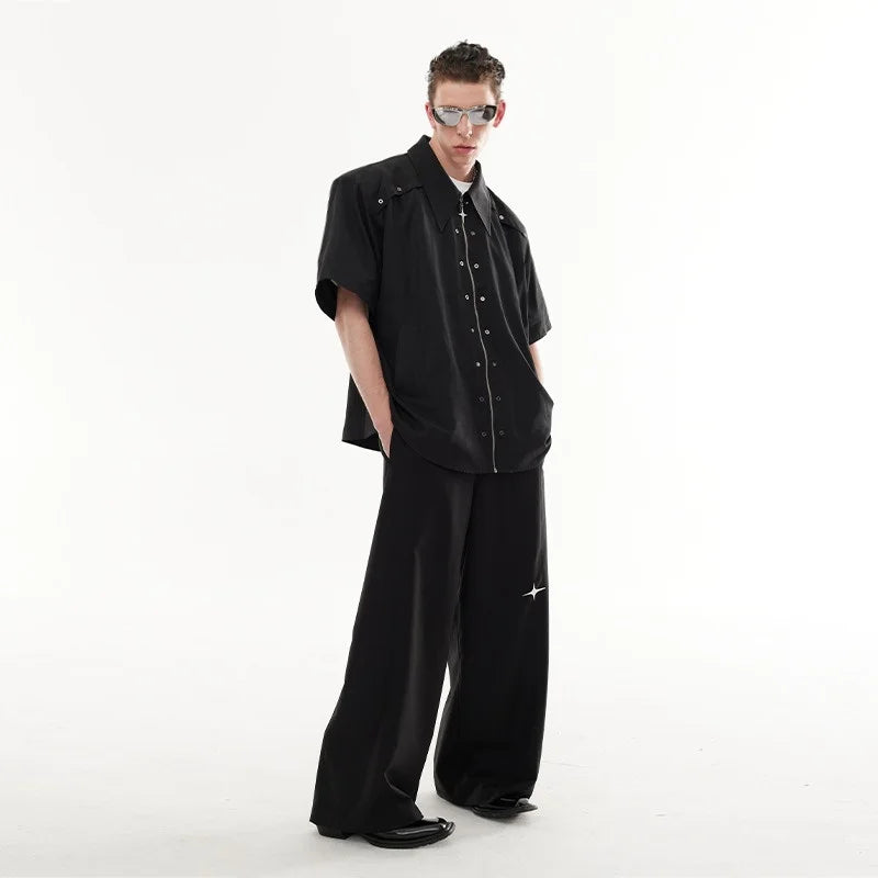 Men's Metal Zipper Button Solid Y2K Summer Shirts 2026 High Street Fashion Trend Casual T-shirts Moto & Biker Oversized Tee Tops