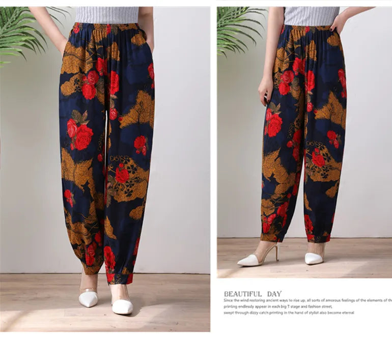 High Waist Lantern Pants Casual Cotton Silk Large Size Printed Long Trousers for Middle-Aged And Elderly Women