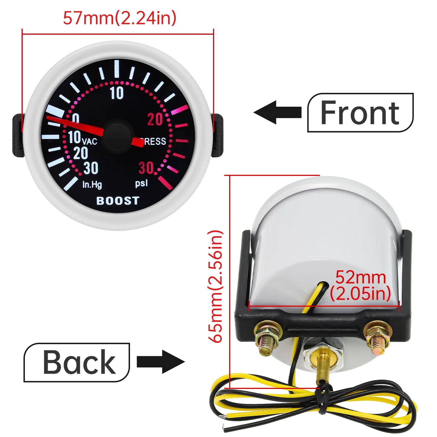 2 "52mm Turbo Boost Gauge 0~30PSI White LED Smoke Len -30in.Hg~0~30PSI Auto Turbo Boost Controller Kit Holder waterpipe