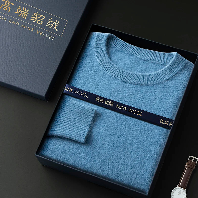100% Pure Mink Cashmere Men's Round Neck Sweater For Autumn Winter, Casual Knitted Long Sleeved Pullover Sweater Men's Clothng