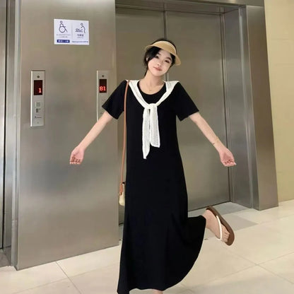 Naval Collar Lace Trim Slimming Long Dress French Style Loose Fit Mommy's Summer Dress mid Waist Design Casual  Knot