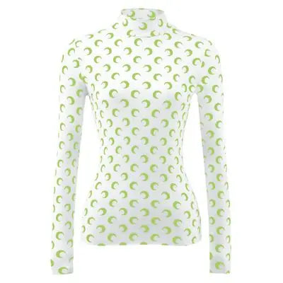 Moon Print Base Layer Shirt Long Sleeve Half High Collar Elastic T-Shirt Layering Trendy Top Inner Wear Autumn Winter for Women