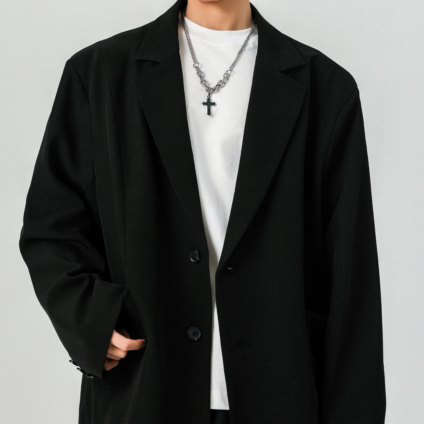 Mens Oversized Blazer Jacket Korean Streetwear Loose Fit Casual Suit Coat City Boy Spliced Outerwear Y2K Baggy Clothes K-Fashion