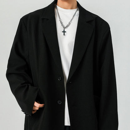 Mens Oversized Blazer Jacket Korean Streetwear Loose Fit Casual Suit Coat City Boy Spliced Outerwear Y2K Baggy Clothes K-Fashion