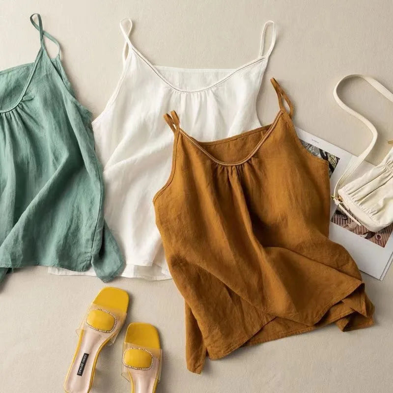 Women's Retro Cotton Linen Tank Top Summer Thin Solid Color Loose Sleeveless Top Female Fashion Casual Basic Vest