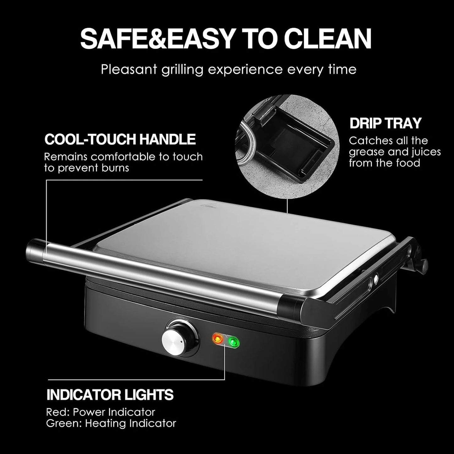 1200W Panini Press Grill with Adjustable Temperature, 4-Slice Indoor Grill, 180° Open Sandwich Maker with Drip Tray