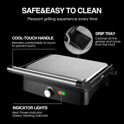 1200W Panini Press Grill with Adjustable Temperature, 4-Slice Indoor Grill, 180° Open Sandwich Maker with Drip Tray