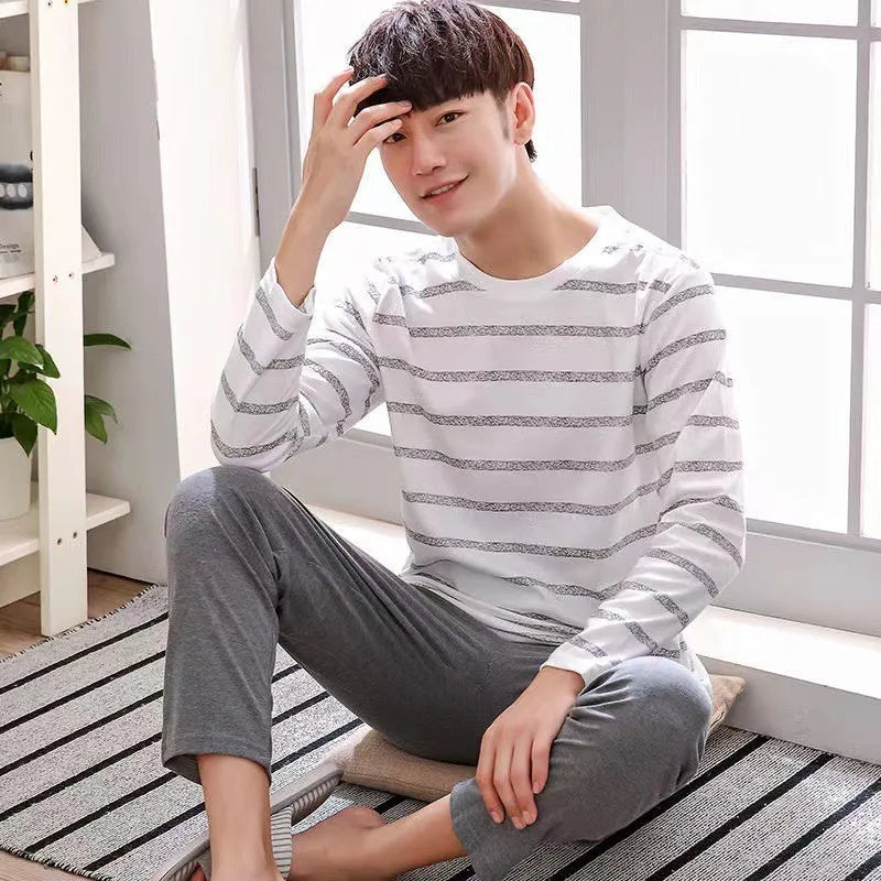 Men‘s Pajama Set Long Sleeve Black Striped Fall and Winter Youth Student Nightwear Loungewear Two Piece Set Sleepwear Homewear