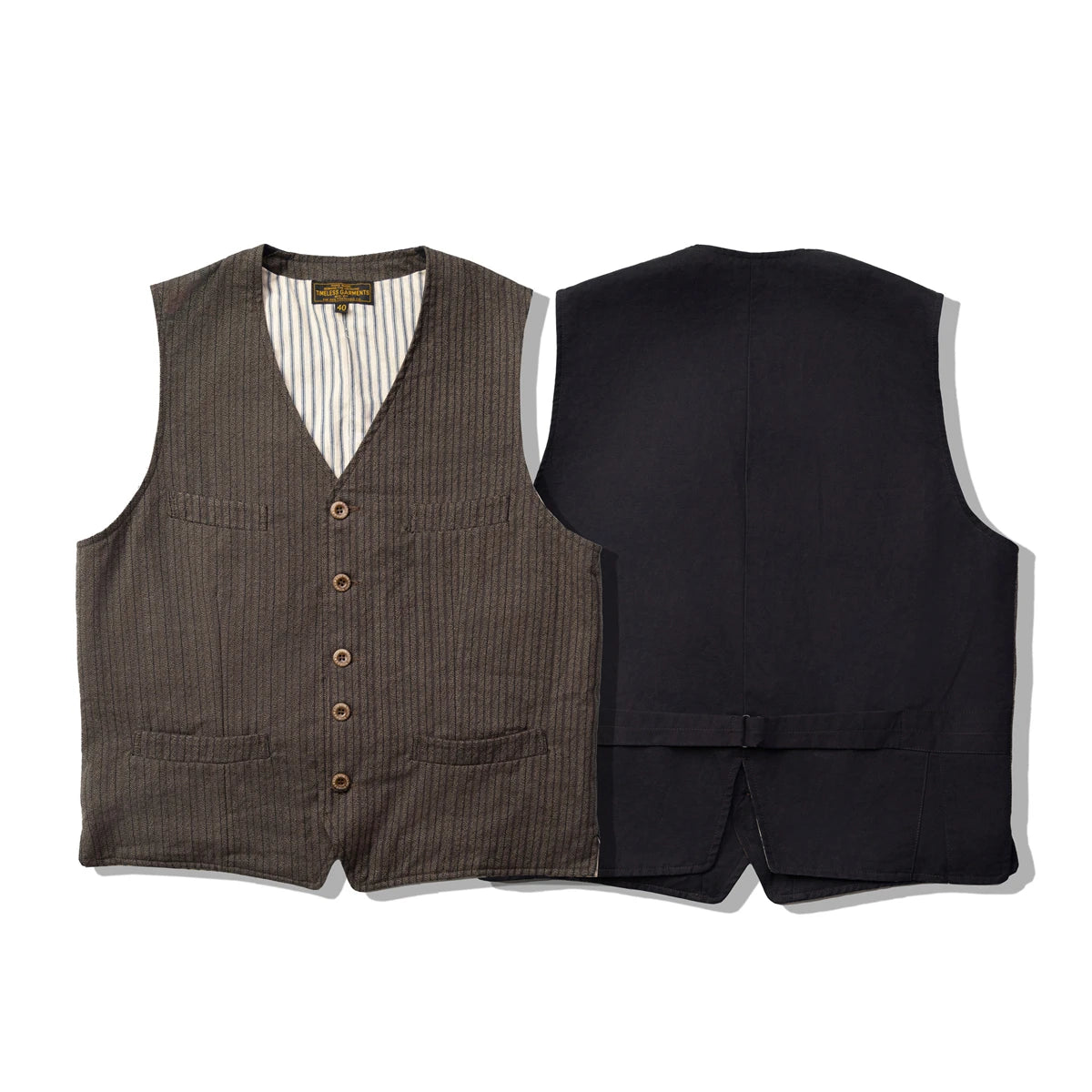 Red Tornado 1920s Salt & Pepper Striped Work Vest Vintage Americana Style Men's Four-Pocket Waistcoat Brown