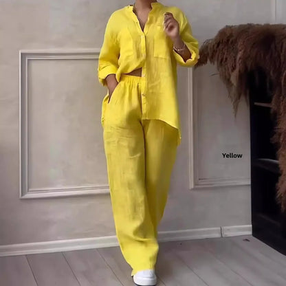Women's  Color Long Sleeve Shirt And Wide Leg Pants Two-Piece Set Button-Up Tie Waist Long Pants Fashionable Ensemble