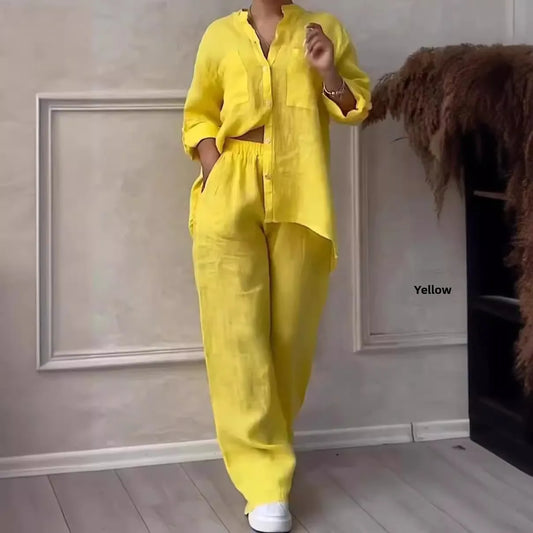 Women's  Color Long Sleeve Shirt And Wide Leg Pants Two-Piece Set Button-Up Tie Waist Long Pants Fashionable Ensemble