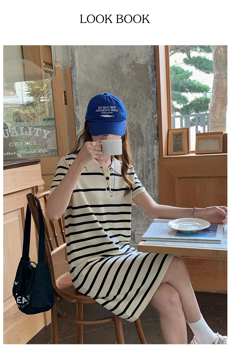 new Korean striped dress for women's summer, pure cotton straight tube mid length skirt