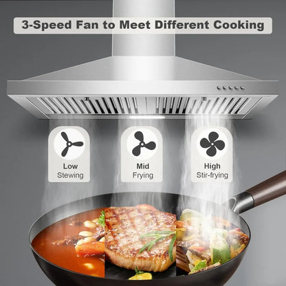 30 inch Wall Mount Range Hood, Ducted/Ductless Kitchen Hood, Stainless Steel, Baffle Filters, 3 Speed Fan, Push Button Control, LED Light