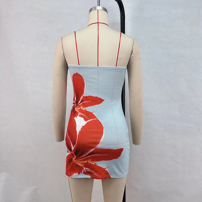 Women Strapless Floral Print Bodycon Mini Dress Summer Sexy Wrapped Hip Tube Top Short Dress for Party Beach Clubwear