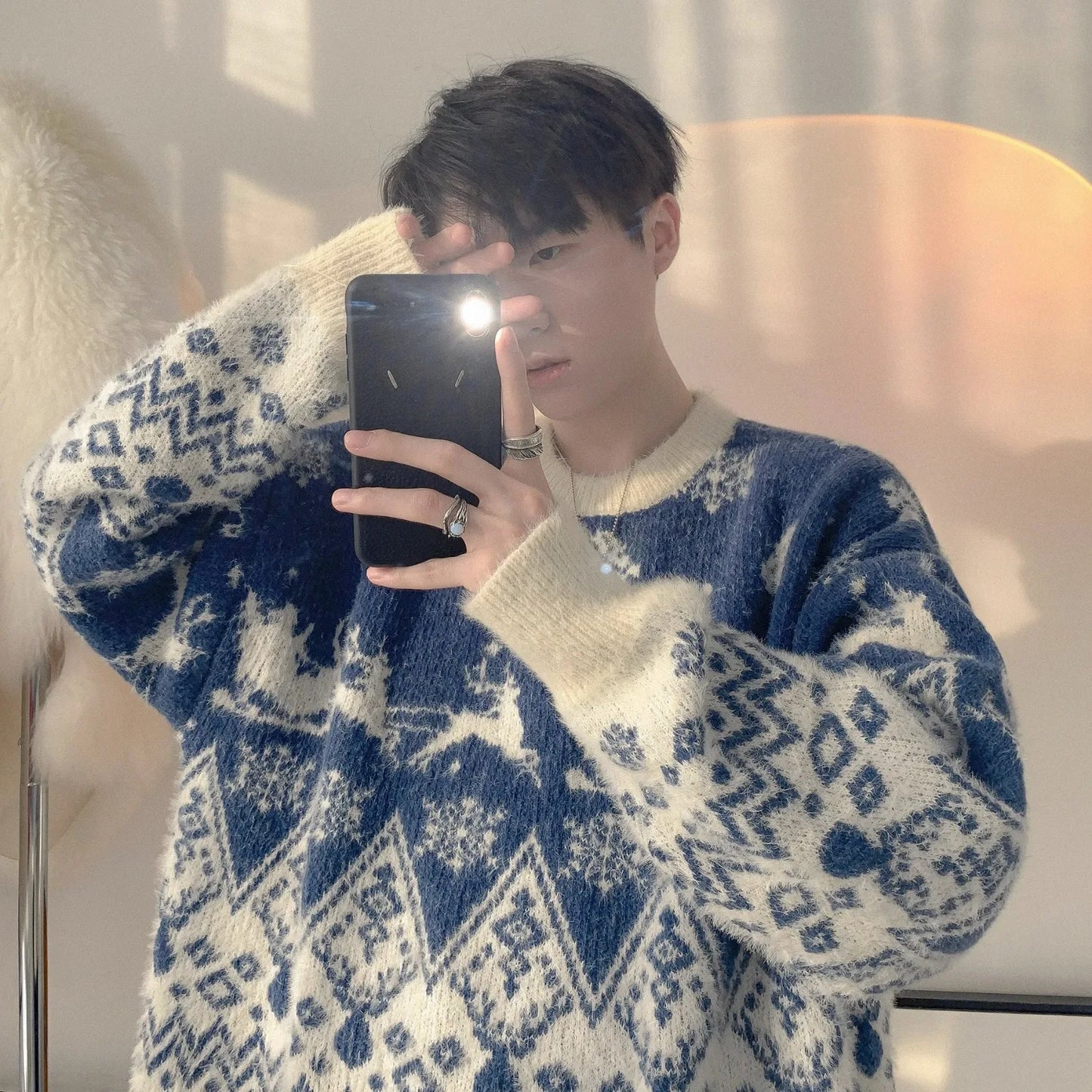 Winter Color blocked Jacquard Christmas Theme Sweater Men's Trendy Brand Loose Warm Hooded Knitted Sweater