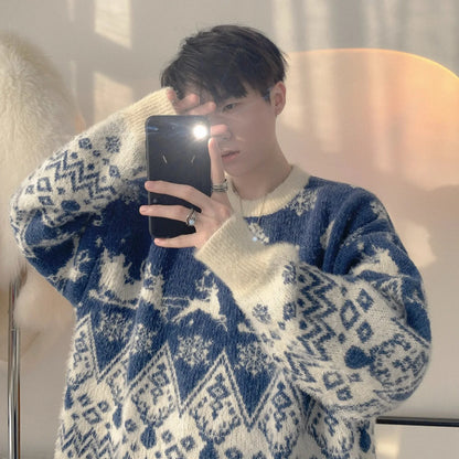 Winter Color blocked Jacquard Christmas Theme Sweater Men's Trendy Brand Loose Warm Hooded Knitted Sweater