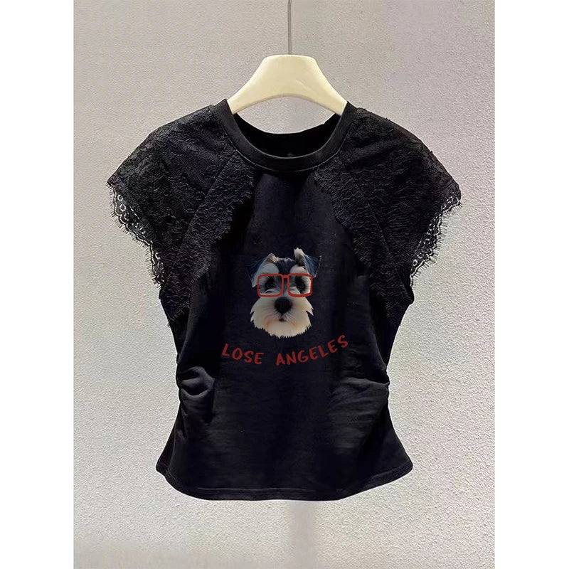 Retro Black Lace Mesh Short Sleeve Top Women Summer Fly Sleeve Short T-Shirt Outlet Store Printed Slim Fit Cotton Polyester