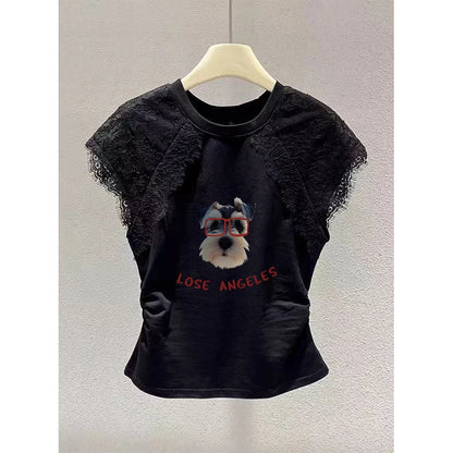 Retro Black Lace Mesh Short Sleeve Top Women Summer Fly Sleeve Short T-Shirt Outlet Store Printed Slim Fit Cotton Polyester