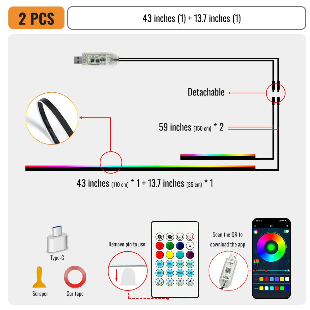 Universal 43-inch RGB Car Interior Lighting Kit with App Control - 64 Colors & 8 Dynamic Modes