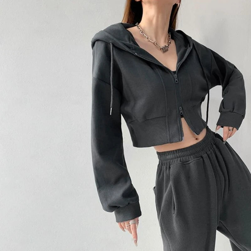 Full Zip Up Women's Hoodies Sweatshirts Plain Korean Clothing Aesthetic 90s Vintage Essential Basic Female Hooded Top Cropped