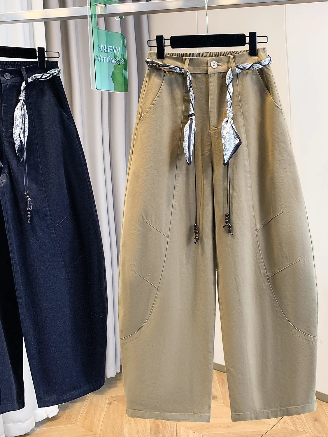High Waist Loose Fit Casual Pants Autumn Winter plus Size Women's Fashion Slimming Wide Leg Trousers Scarf Belted Back Elastic