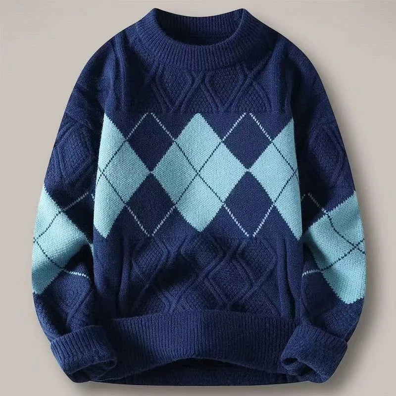 Men's sweater for autumn and winter, warm knit sweater, trendy oversized diamond grid base sweater