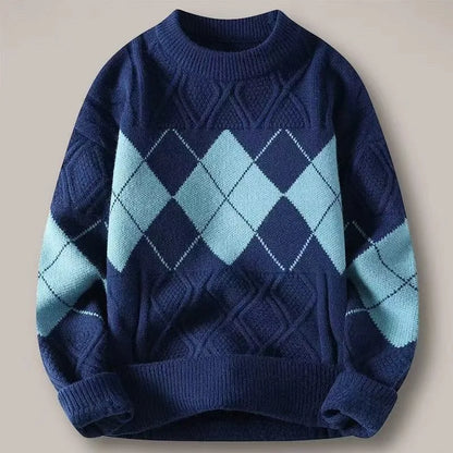 Men's sweater for autumn and winter, warm knit sweater, trendy oversized diamond grid base sweater