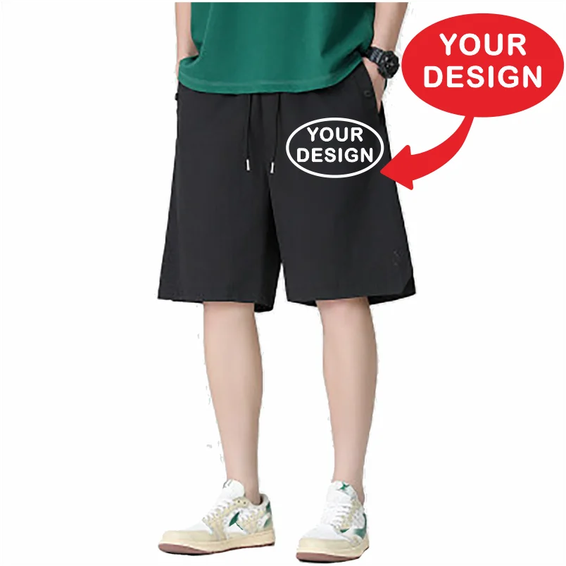Summer New Men's Pure Cotton Shorts With Custom Printed Embroidery LOGO Outdoor Loose Drawstring Casual Shorts