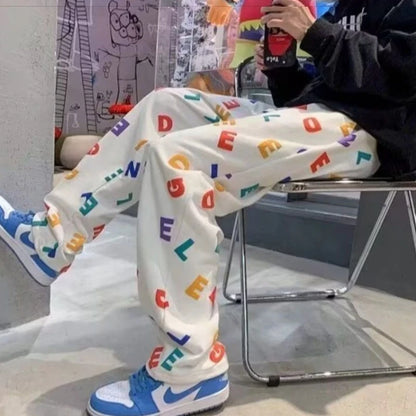 Men's Plus Size Printed Pants Loose Fit Korean Style Sports Joggers Autumn Casual Long Trousers Big Size Fashion for Daily Wear