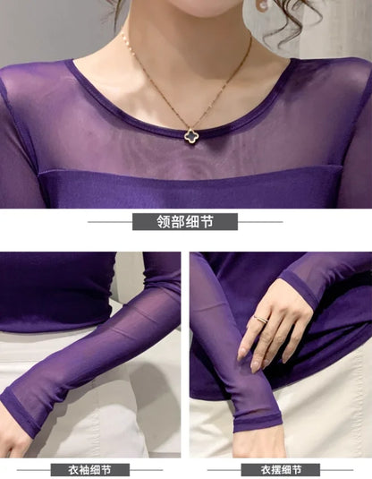 Autumn Winter Round Neck T shirt Women Sexy Mesh Bottoming Shirt Long Sleeve Solid Color Slim Fit Long Sleeve Casual Tops