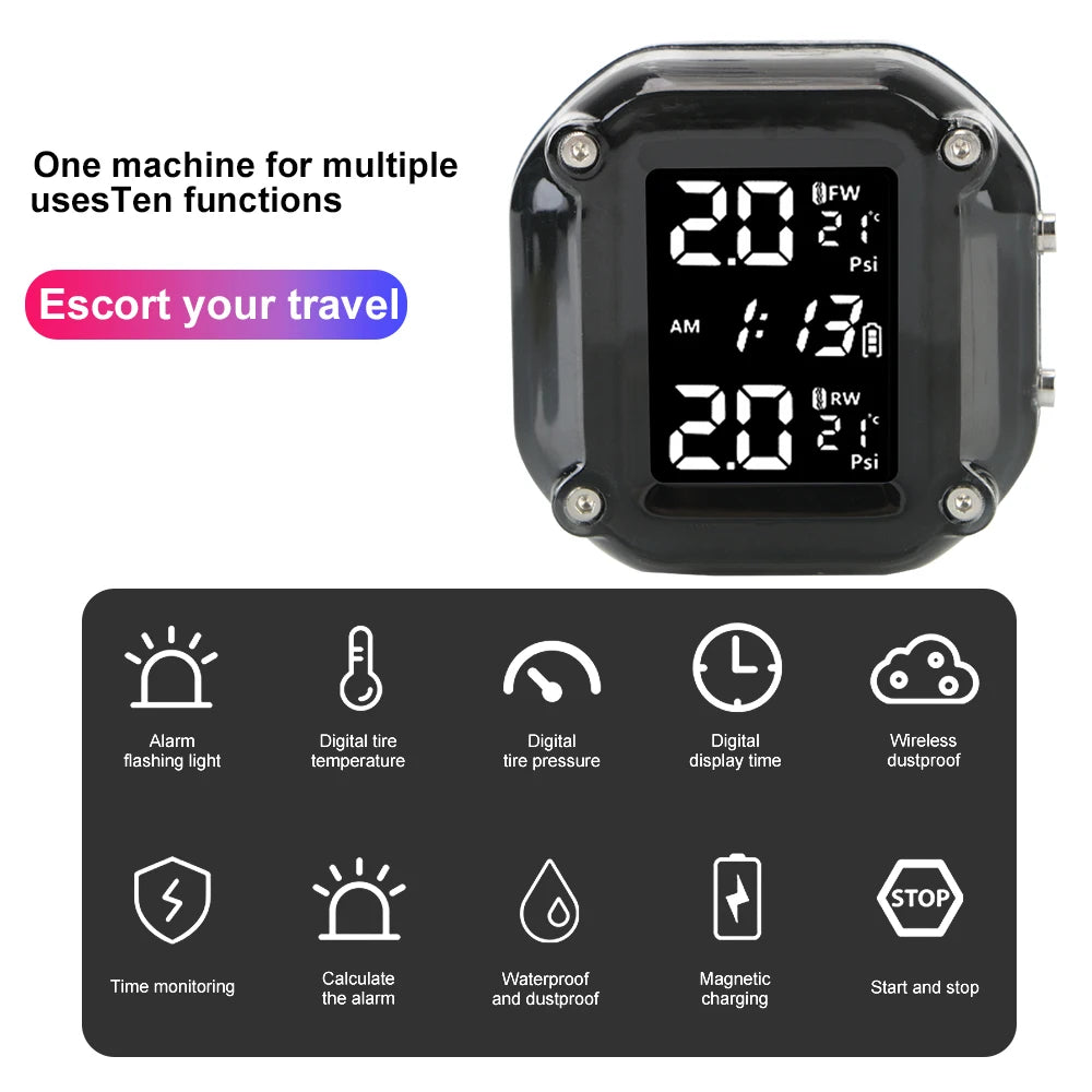 Motorcycle TPMS LCD Display With 2 External Sensors Motor Tire Pressure Monitoring Alarm System Tyre Temperature