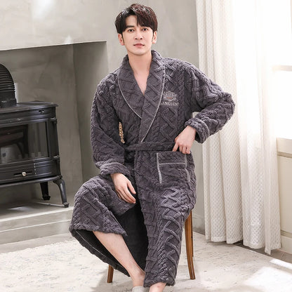 Men Sleepwear Robe Winter Flannel Thicken Terry Robe Male Long Sleeve Kimono Warm Bathrobe Home Wear Peignoir Men Robe