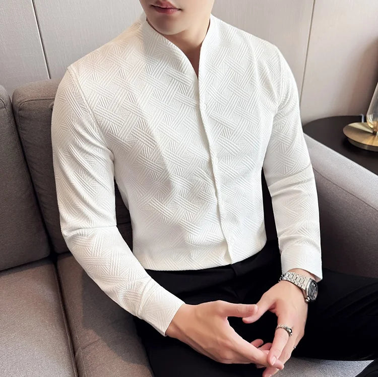 New Chinese Style V-neck Shirt Men's Long Sleeved Slim Fit Casual Business Stand-up Shirts High Quality Dress Tops Shirt 4XL-M