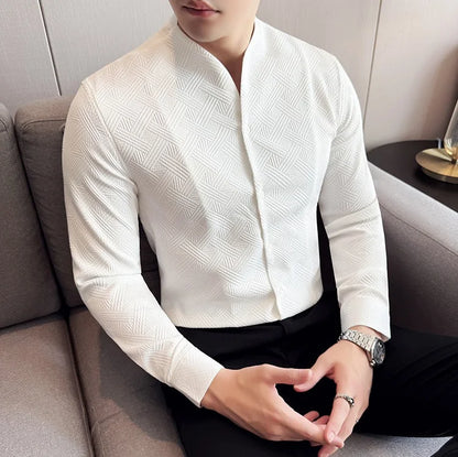 New Chinese Style V-neck Shirt Men's Long Sleeved Slim Fit Casual Business Stand-up Shirts High Quality Dress Tops Shirt 4XL-M