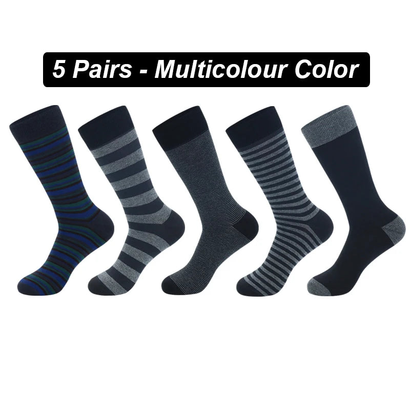 5Pairs High Quality Men's Long Socks Striped Solid Color Business Sports Breathable New Male Black Plus Size EU40-47